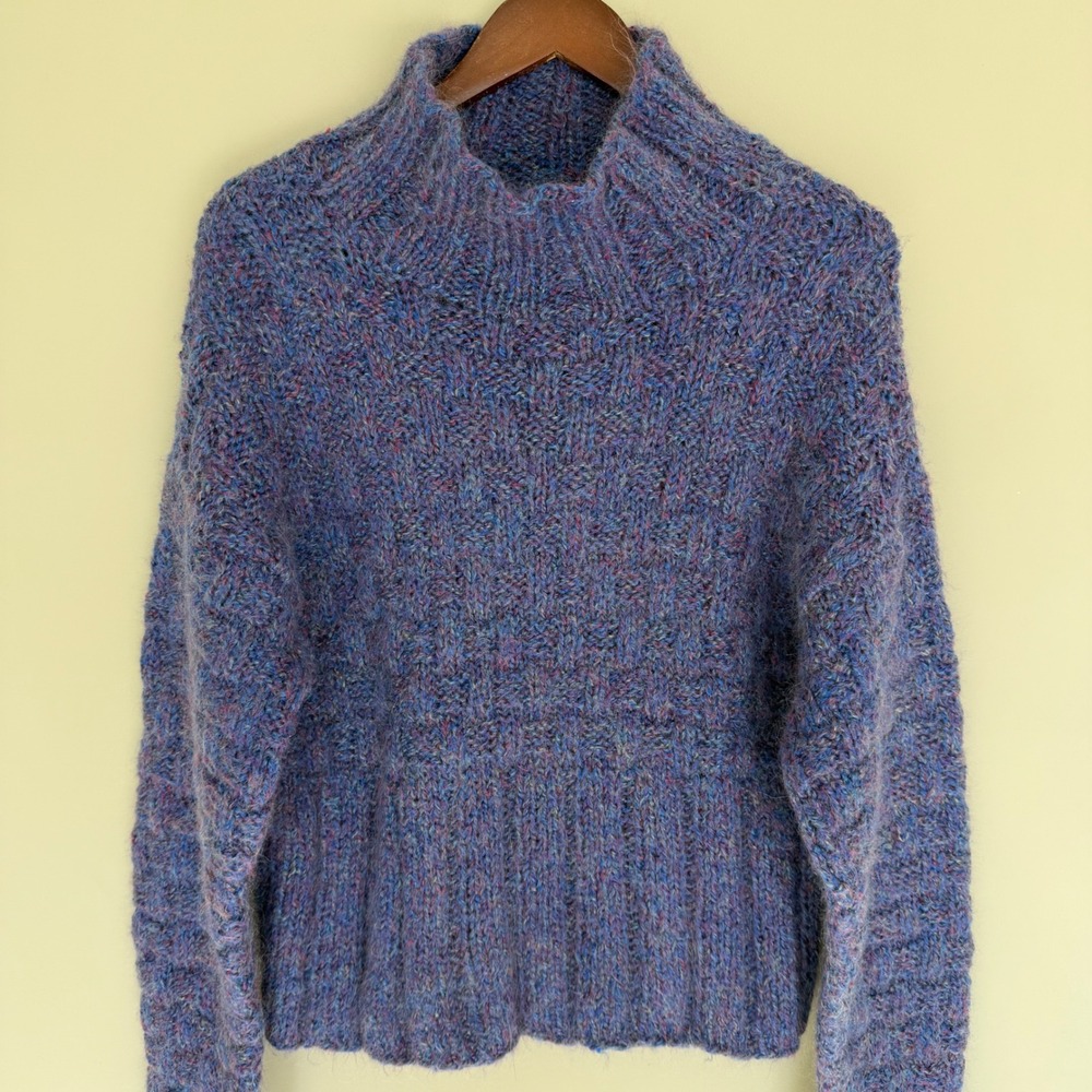 Women's Handknit Mock Neck Basketweave Sweater L/XL Purple/Multi Natural Fibers
